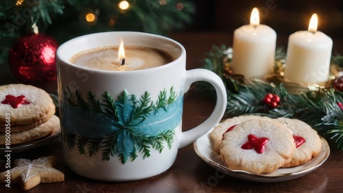 A cozy holiday scene featuring a teal cup of coffee beside an assortment of festive cookies, perfect for warming up by the fireplace