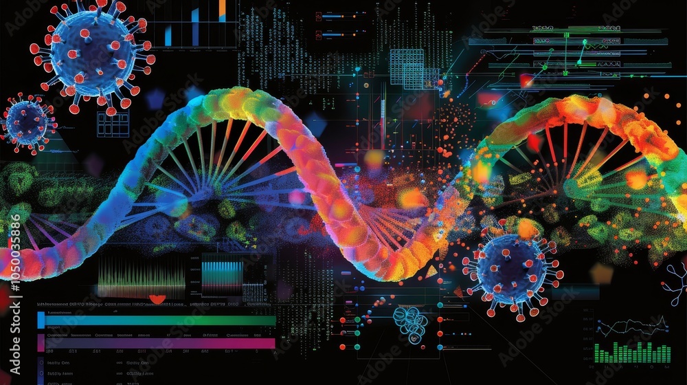 Fototapeta premium Vibrant dna double helix with viruses and genetic data highlighting genomics and research impact