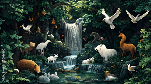 A Gathering of Animals in a Lush Forest with a Waterfall, Green, Nature, Nature Scene, Animals Gathering, Wildlife photo