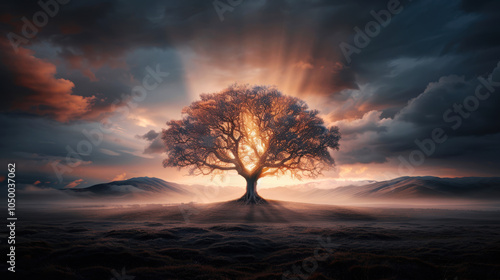 Imagination fantasy silhouette of explosion sunlight shining on lonely tree with foggy and mist on mountain with cloudscape
