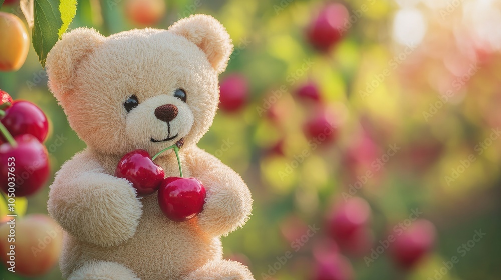 Fototapeta premium A cute teddy bear holding a cherry, with a blurred background of a vibrant orchard, evoking a sense of sweetness and nostalgia.
