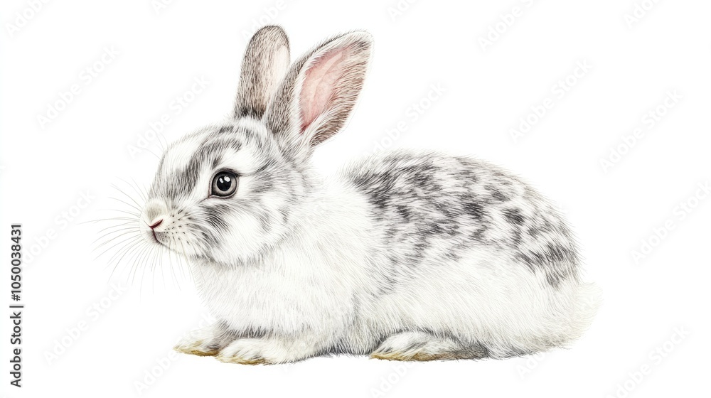 Fototapeta premium A delicate watercolor depiction of a rabbit sitting, with soft fur details in shades of gray and white, isolated on a clean white background for a gentle feel