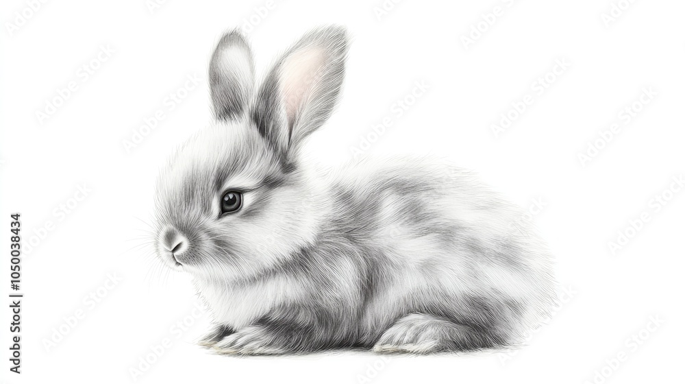 Obraz premium A delicate watercolor depiction of a rabbit sitting, with soft fur details in shades of gray and white, isolated on a clean white background for a gentle feel