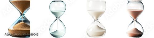 Four elegantly designed hourglasses filled with distinct sands of varying colors demonstrate the concept of time passing, each unique in texture and hue, creating a captivating visual