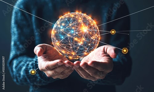 Person holding a glowing sphere of connected dots and lines.