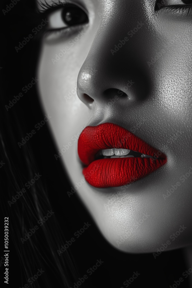 Fototapeta premium Red lips of woman create intense contrast on grayscale skin, embodying minimalism with bold allure. Minimalism enhances beauty of woman, focusing on elegance in refined, classic aesthetic concept.