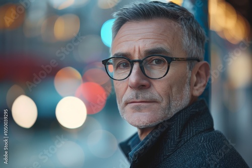 A mature man with gray hair and glasses gazes thoughtfully into the distance amid colorful urban bokeh lights, exuding wisdom and calm.