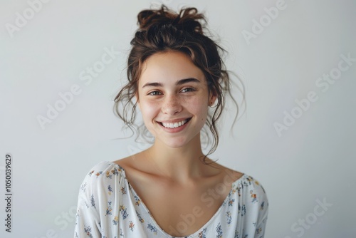 A radiant young woman dressed in a floral top beams a joyful smile indoors, exuding an aura of happiness and warmth, capturing a playful and youthful moment.