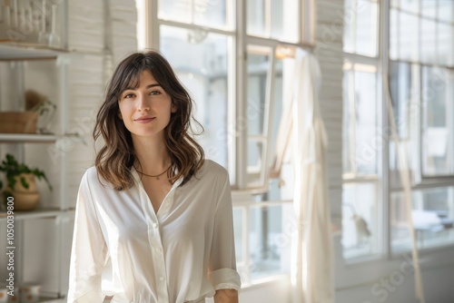 A young woman in white attire stands serenely in a sunlit industrial room, embodying simplicity, elegance, and tranquility amidst the rustic décor and shadows. photo