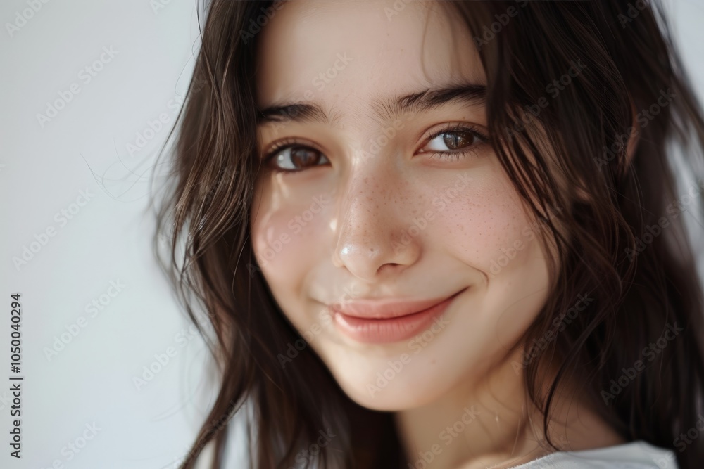 Naklejka premium A close-up portrait of a smiling young woman with freckles, featuring her dark hair and a neutral background, highlighting natural beauty and warmth.