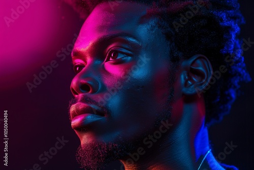 A man poses thoughtfully in a rich neon environment, the lighting casting hues of pink and blue, making an arresting visual impact with artistic flair.