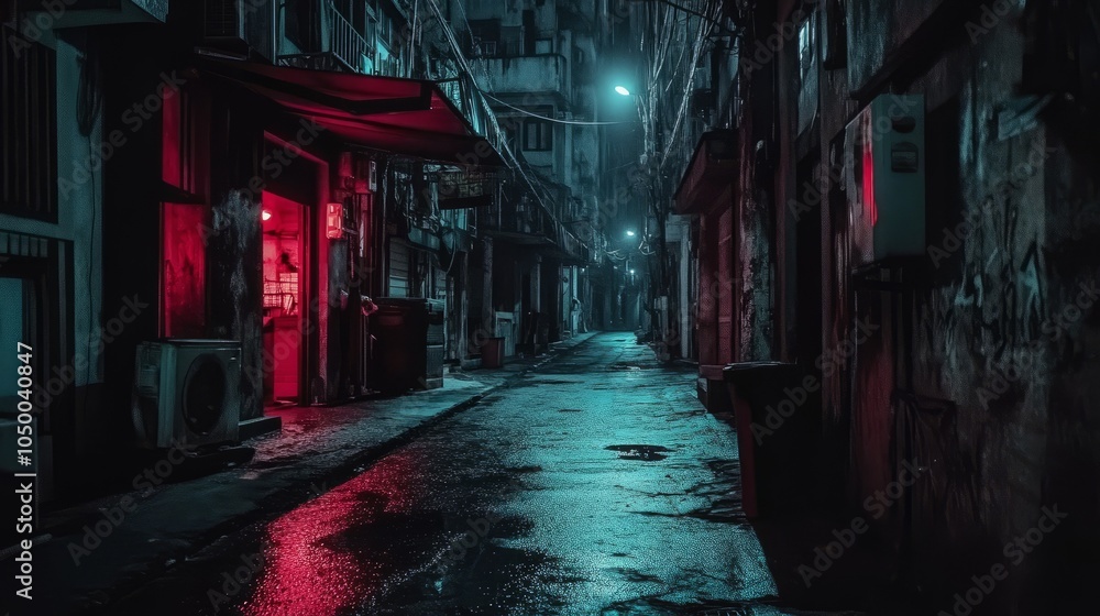 Naklejka premium Neon-lit Alleyway at Night with Reflections in Wet Pavement