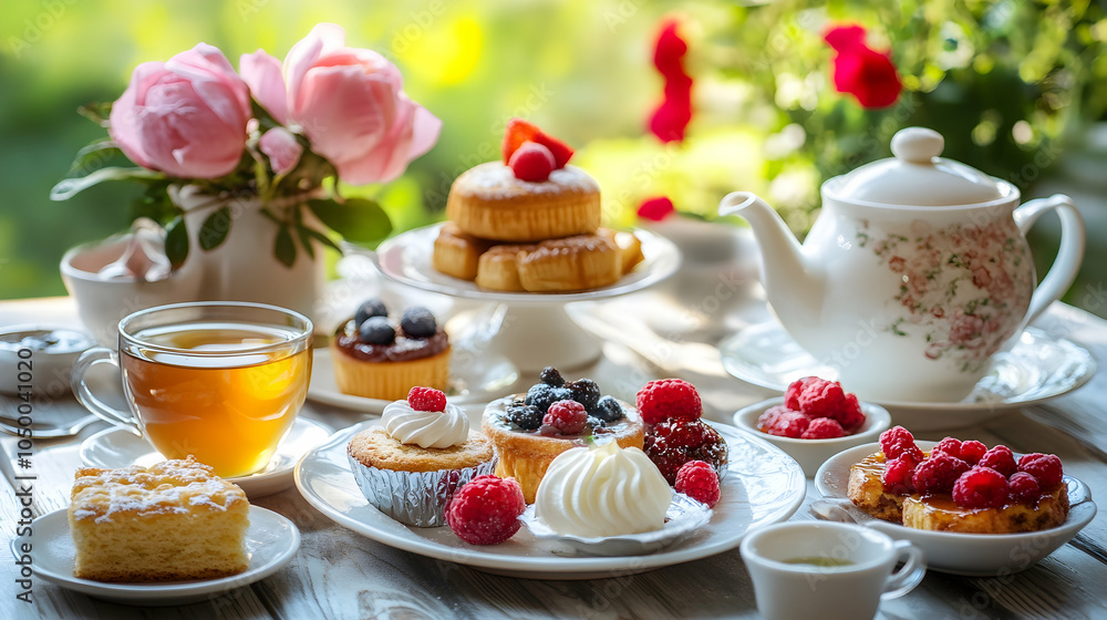 Tea Time with Sweet Treats and Flowers, teapot, teacup, afternoon tea, pastries, dessert Tea Time with Sweet Treats and Flowers, teapot, teacup, afternoon tea, pastries, dessert