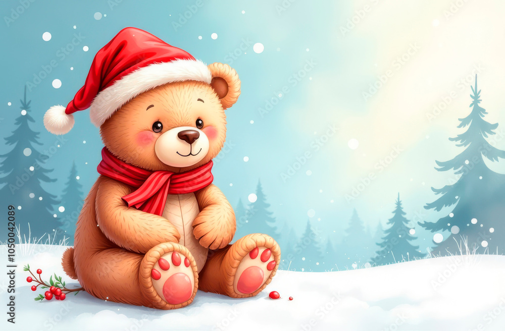 Bear in Santa hat on winter background. Illustration, postcard Bear in Santa hat on winter background. Illustration, postcard