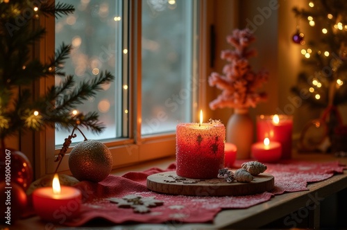 Cozy winter candlelit scene with festive decor by the window photo