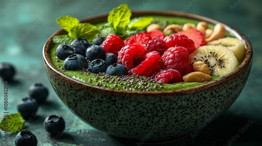 A vibrant smoothie bowl topped with fresh fruits, nuts, and mint leaves. A vibrant smoothie bowl topped with fresh fruits, nuts, and mint leaves.