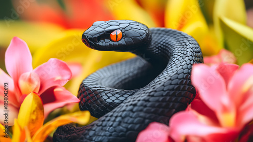 Striking Vivid Representation of the Black Mamba (Dendroaspis polylepis) Coiled Defensively Amidst Lush Flora, Symbolizing Nature's Intricate Balance of Beauty and Danger. photo