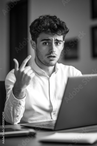 Man is sitting at a desk with a laptop in front of him. He is looking at the laptop with a puzzled expression on his face