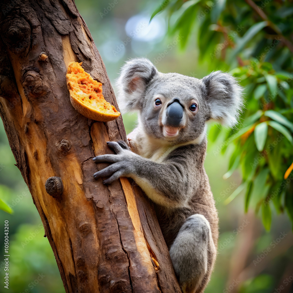Fototapeta premium A comical koala finds itself stuck in a tree, hilariously attempting to eat a slice of pizza.