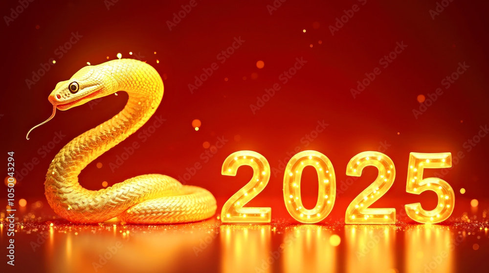 Golden Snake with Illuminated 2025: Symbol of Fortune and Prosperity. Chinese New Year, Lunar new year and Oriental traditions concept Golden Snake with Illuminated 2025: Symbol of Fortune and Prosperity. Chinese New Year, Lunar new year and Oriental traditions concept