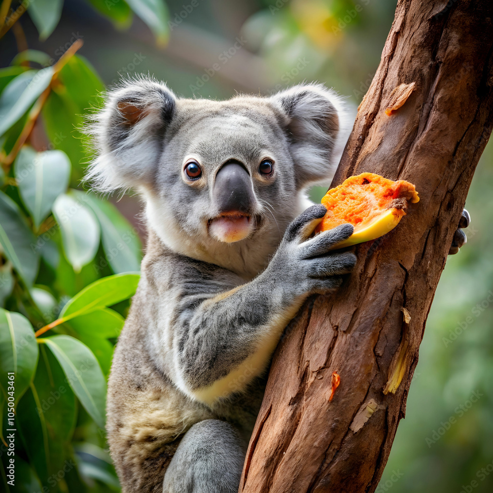 Fototapeta premium A comical koala finds itself stuck in a tree, hilariously attempting to eat a slice of pizza.