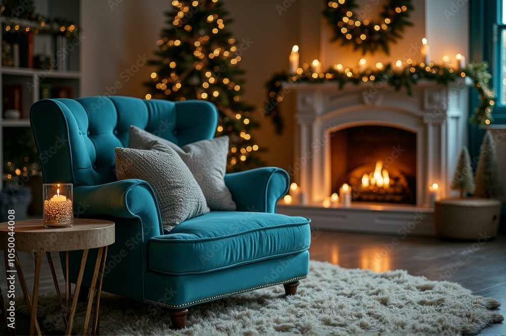 Naklejka premium Cozy holiday living room with fireplace and festive christmas decorations