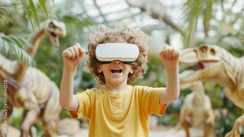 Caucasain Child boy wearing augmented reality glasses exploring the thrills of dinosaurs park and fun with Millions of years old animals from the ancient world photo