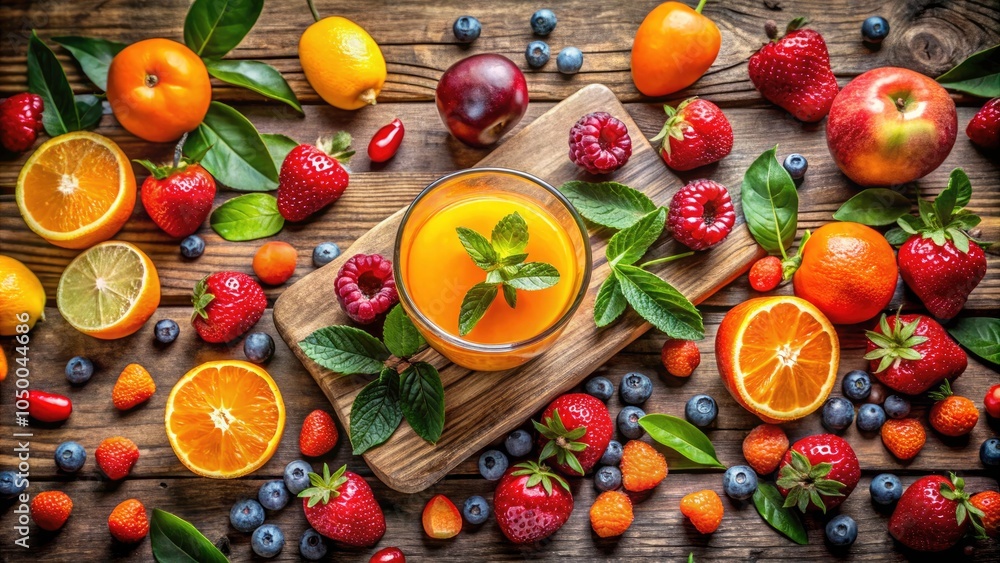 Surreal Top View of Fresh Fruits and Tangerine Juice on a Rustic Wooden Table – Vibrant Colors and Unique Composition for Food Photography Lovers Surreal Top View of Fresh Fruits and Tangerine Juice on a Rustic Wooden Table – Vibrant Colors and Unique Composition for Food Photography Lovers