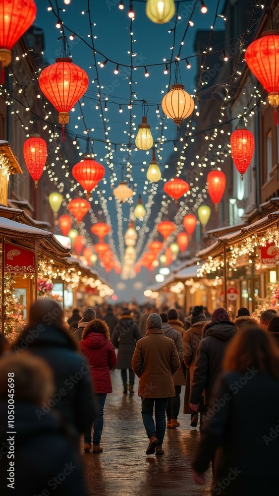 Festive lanterns illuminate a bustling winter market street at night Festive lanterns illuminate a bustling winter market street at night