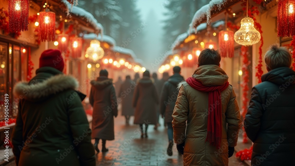 Obraz premium Festive winter market stroll with lanterns and snow-capped pathways