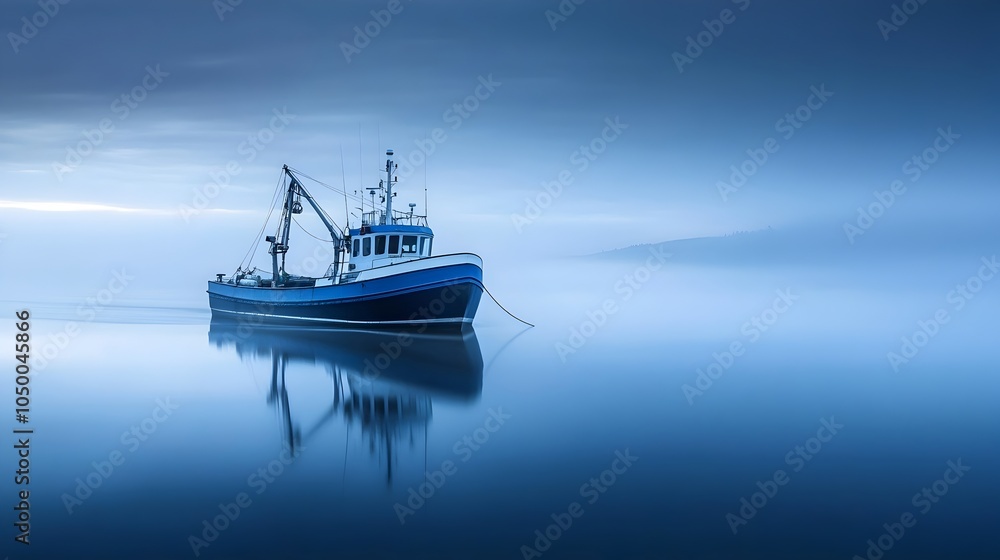 Fishing Trawler Glides Through Tranquil Ocean at Dawn Fishing Trawler Glides Through Tranquil Ocean at Dawn