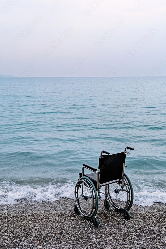 Fototapeta premium Wheelchair is sitting on the beach next to the ocean. The chair is black and green, and it is facing the water. The scene is peaceful and serene, with the ocean waves gently lapping at the shore