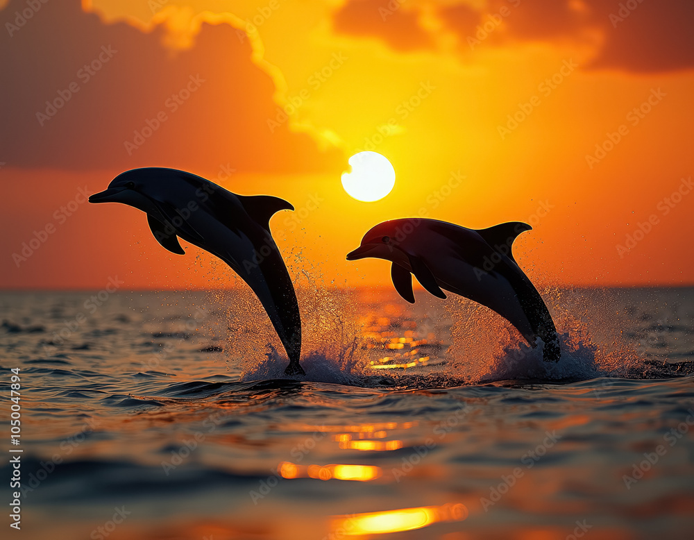 Fototapeta premium Dolphins leaping at sunset