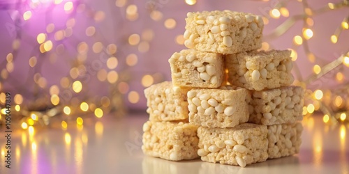 A Stack of Delicate Rice Krispie Treats with a Festive Blurred Background of Warm Lights photo