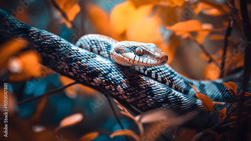 Examining the Unique Color Patterns of a Boomslang in Its Natural Rainforest Habitat photo