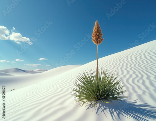 A single yucca plant stands in a desert against a clear blue sky. photo