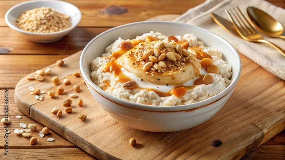 A Bowl of Creamy Oatmeal Topped with a Caramel Drizzle, Toasted Nuts, and Sesame Seeds for a Healthy and Delicious Breakfast A Bowl of Creamy Oatmeal Topped with a Caramel Drizzle, Toasted Nuts, and Sesame Seeds for a Healthy and Delicious Breakfast