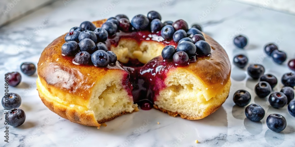 A golden donut with a blueberry glaze and fresh blueberries, partially eaten on a white marble surface A golden donut with a blueberry glaze and fresh blueberries, partially eaten on a white marble surface