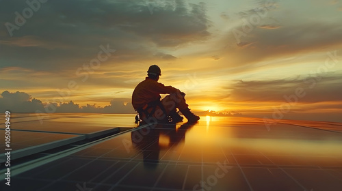 Silhouette of a worker on a solar panel at sunset, clouds, sky, energy, power, clean energy