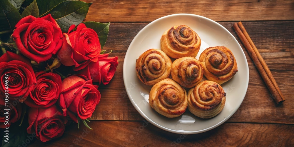 A plate of cinnamon rolls on a wooden table with a bouquet of red roses to the side. A plate of cinnamon rolls on a wooden table with a bouquet of red roses to the side.