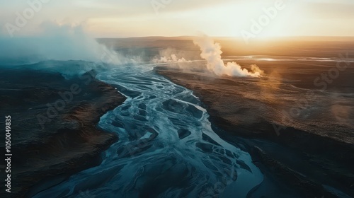 Aerial View of Icelandic River Delta: Volcanic Landscape with Mysterious Steam Vents, Sunset Reflections on Braided Channels, Ultra-Detailed Drone Photography. photo