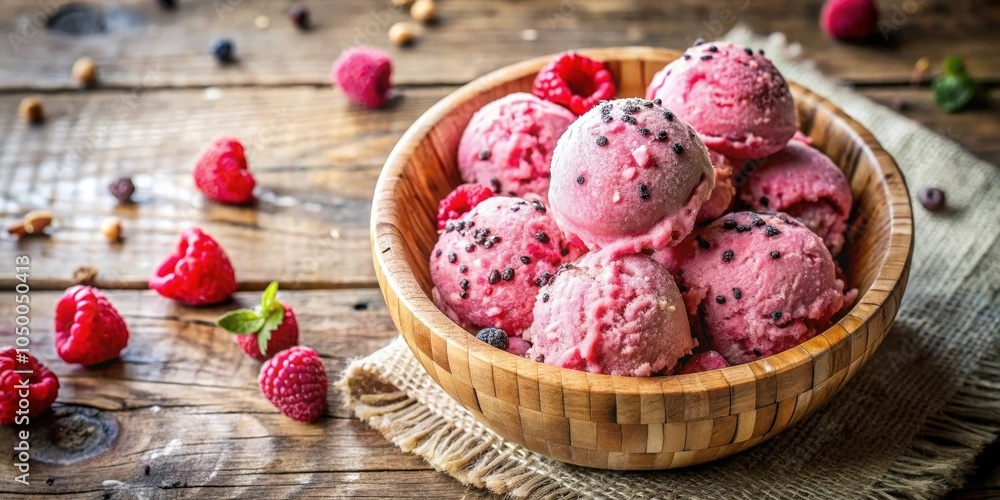 A bowl of pink berry ice cream with chocolate sprinkles on a rustic wooden table surrounded by fresh raspberries A bowl of pink berry ice cream with chocolate sprinkles on a rustic wooden table surrounded by fresh raspberries