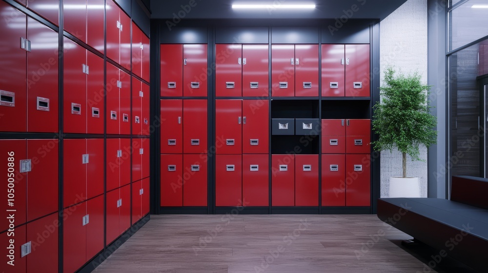 Modern Red Lockers in Contemporary Space Modern Red Lockers in Contemporary Space
