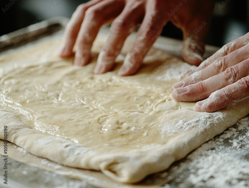 Person is making a pastry dough with their hands. The dough is spread out on a counter and has a lot of flour on it Person is making a pastry dough with their hands. The dough is spread out on a counter and has a lot of flour on it