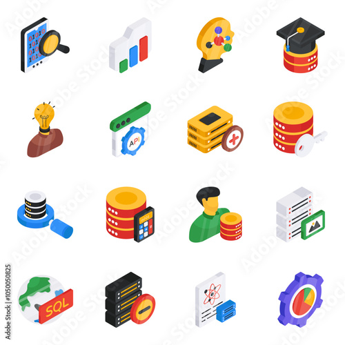 Pack of Data Science and Data Analytics Isometric Icon 

