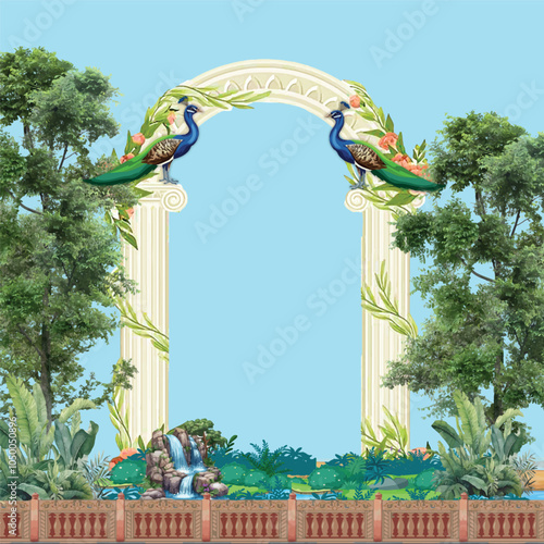 Adobe Illustrator ArtworkTraditional Mughal garden, arch, peacock, plant and bird illustration, Vector illustration of temple, arch with column, tropical plant, peacock