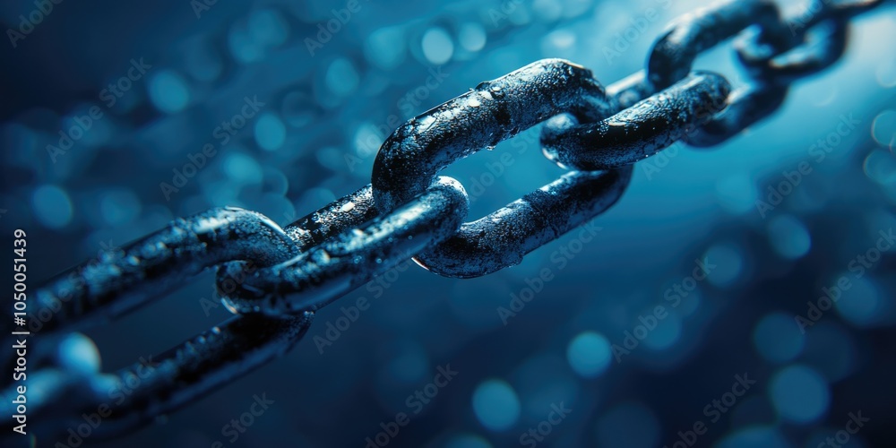 Chain of links is shown in a blue color. The chain is made of metal and he is cold. The image has a moody and mysterious feel to it Chain of links is shown in a blue color. The chain is made of metal and he is cold. The image has a moody and mysterious feel to it