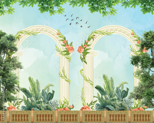 Adobe Illustrator ArtworkTraditional Mughal garden, arch, peacock, plant and bird illustration, Vector illustration of temple, arch with column, tropical plant, peacock