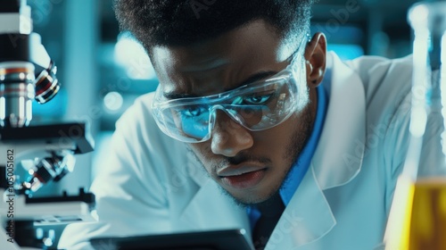 Man in a lab coat is wearing blue safety glasses and looking at a computer screen