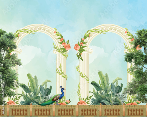 Adobe Illustrator ArtworkTraditional Mughal garden, arch, peacock, plant and bird illustration, Vector illustration of temple, arch with column, tropical plant, peacock